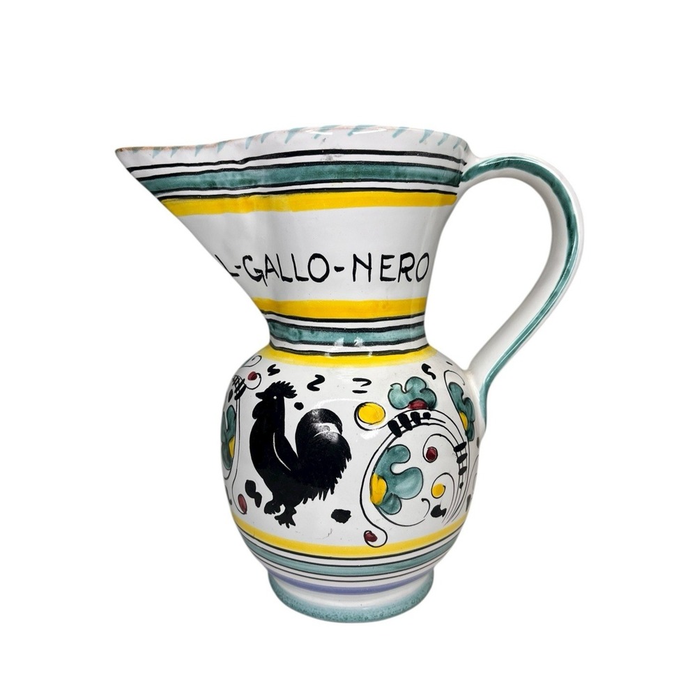 Deruta Pitcher Black Rooster Floral Jug Ristorante Gallo Nero Green Yellow Italy